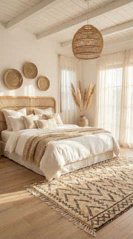 Beige Berber Tawelt rug in a bedroom.