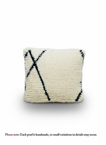 Cream Berber Asru pouf with black geometric pattern