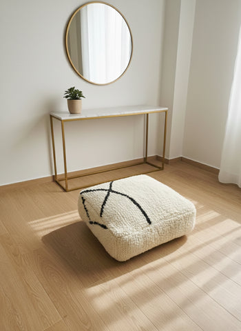 Moroccan Berber Asru pouf with black line design