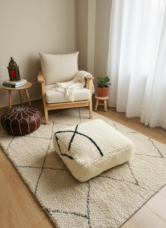 Berber Asru pouf in cream wool with black lines
