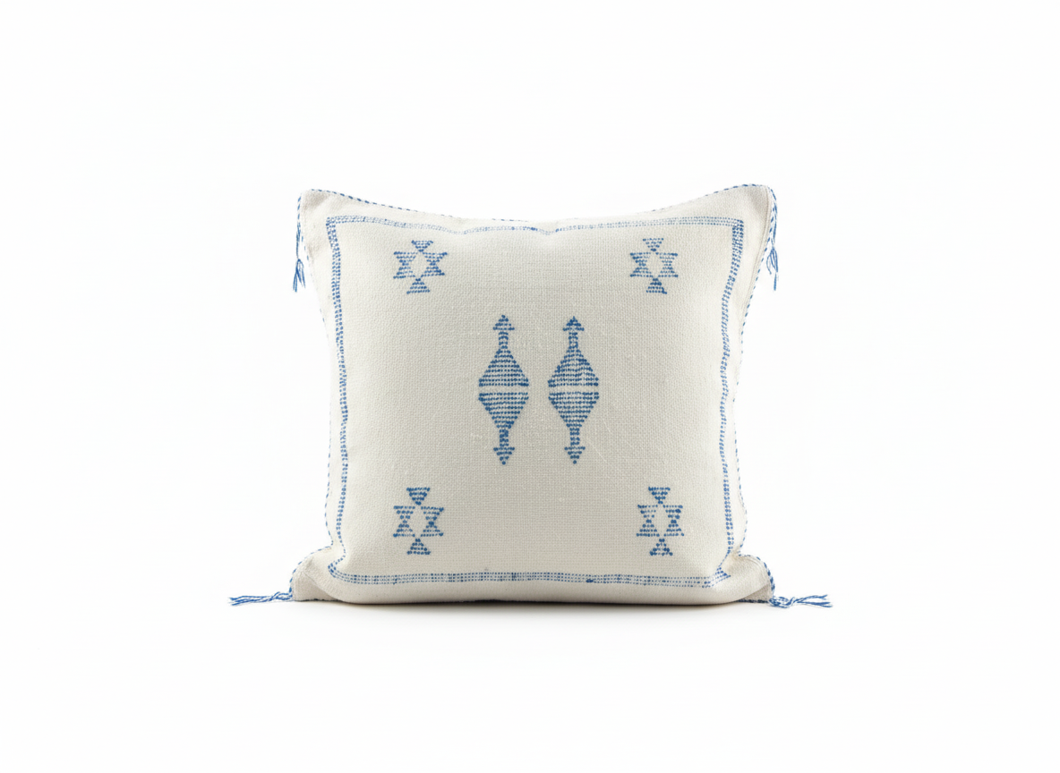 Close-up of Tilya Berber pillow showcasing blue embroidery and textured wool