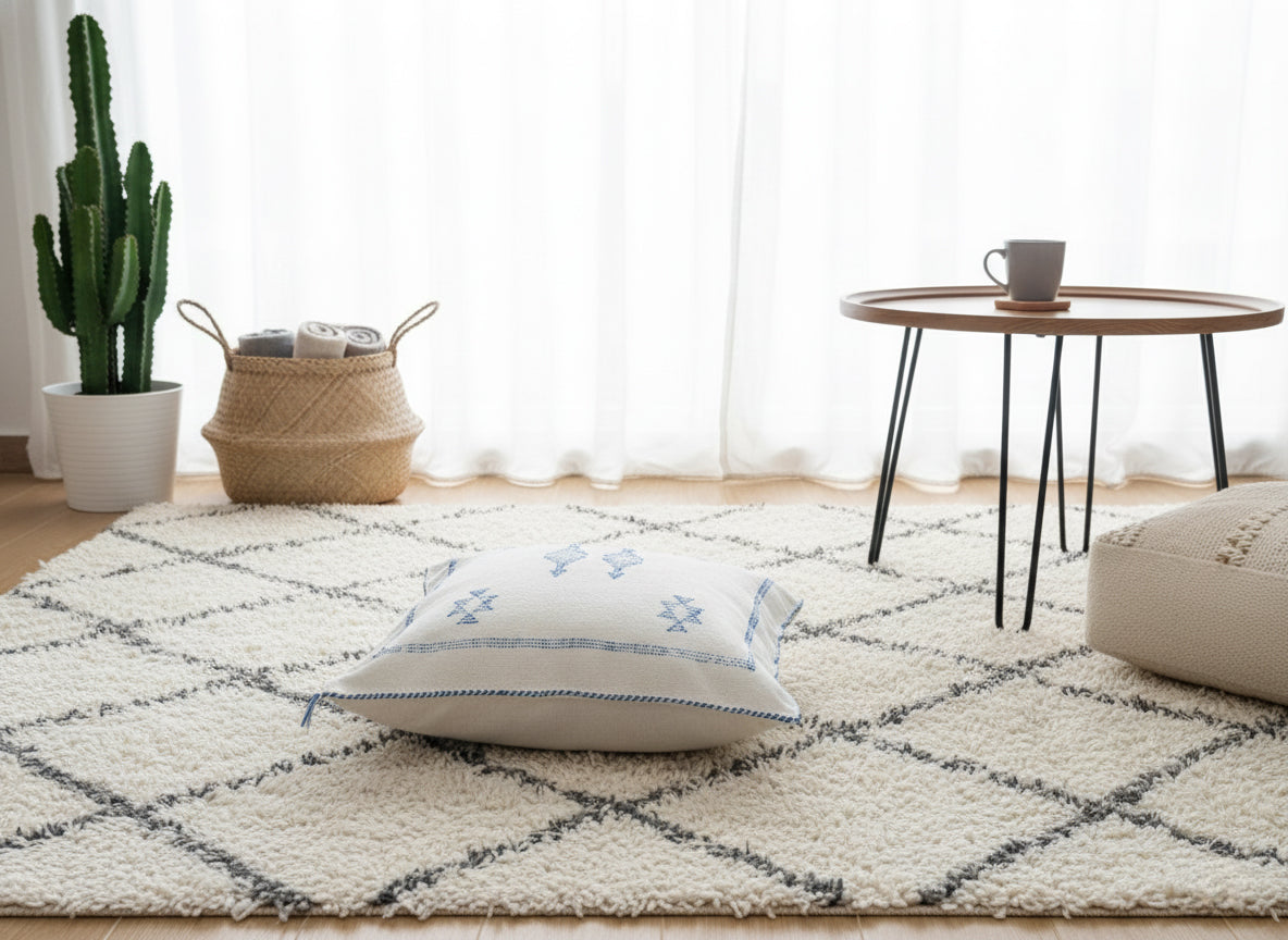 Moroccan Tilya pillow lying flat on cream rug with geometric lines