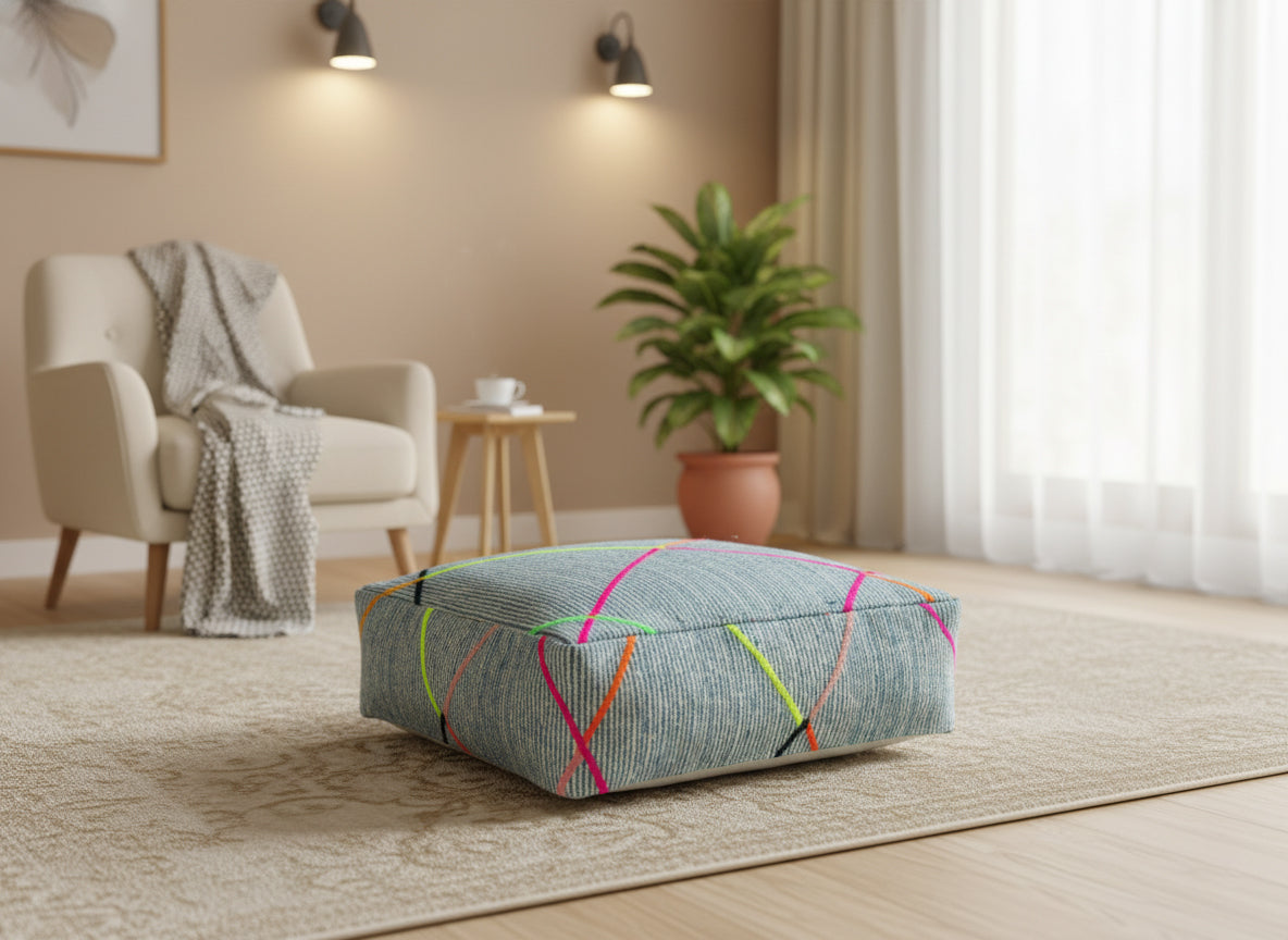 Blue Moroccan pouf in cozy living room