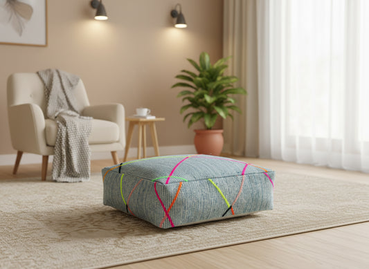 Blue Moroccan pouf in cozy living room