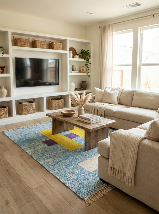 Tafida Berber rug under a wooden coffee table in a warm living room.