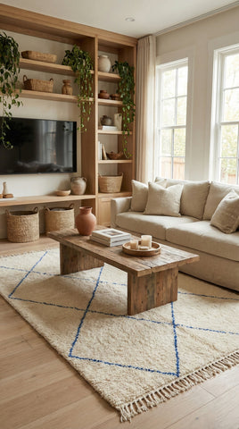 Living room with beige sofa, wooden coffee table, and bookshelf.