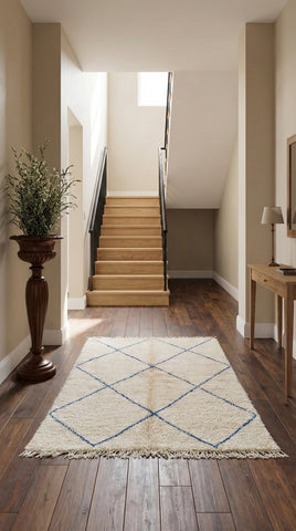 Narrow hallway with a patterned rug, wooden staircase, and side table.