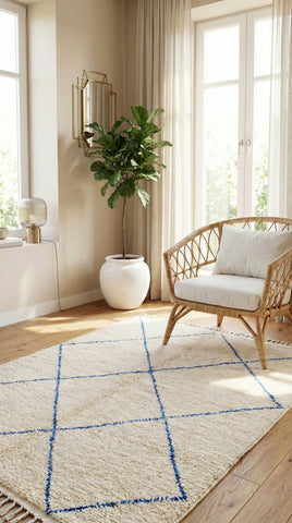 Living room with a rug featuring blue geometric patterns, a chair, and a plant.