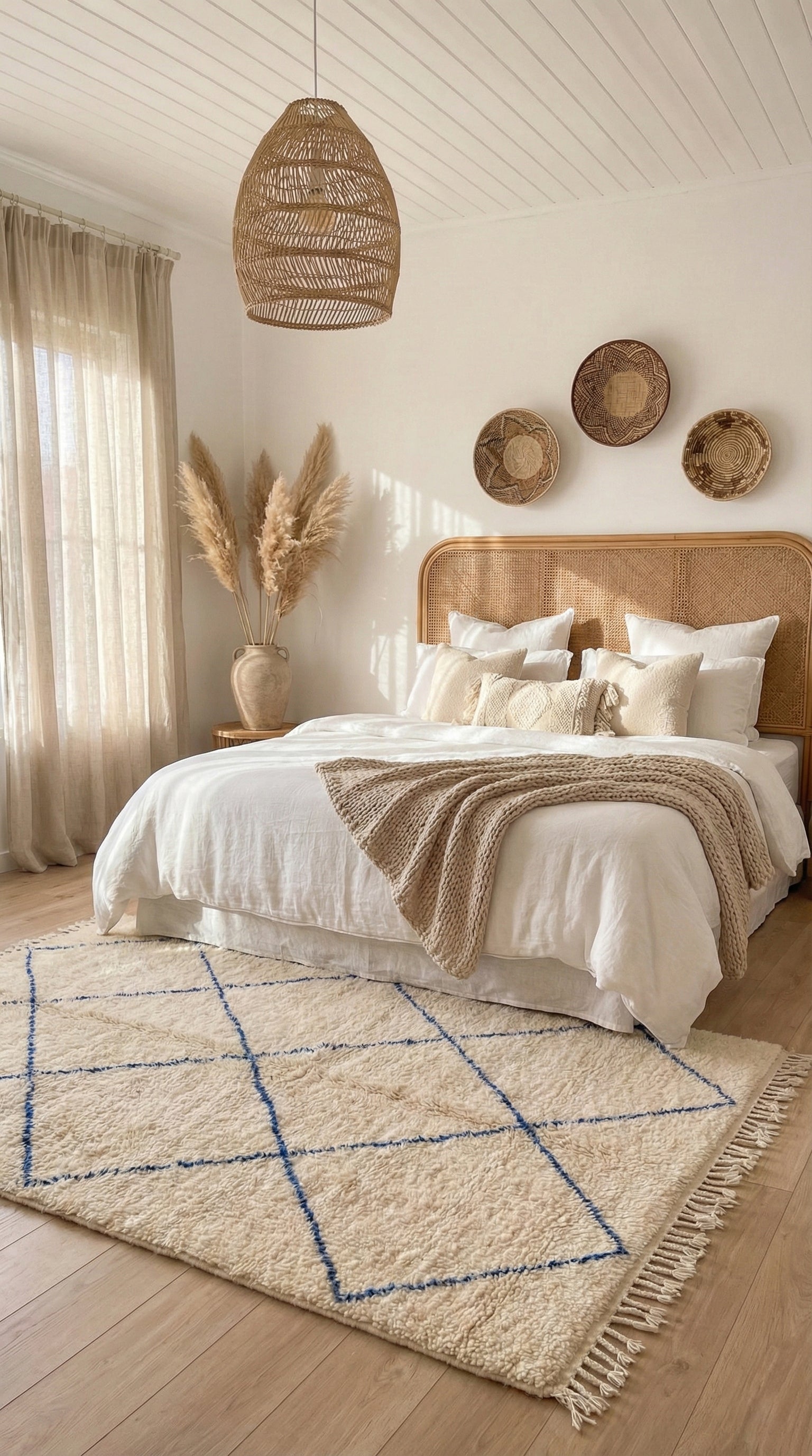 Cozy bedroom with a bed, decorative pillows, and a patterned rug.