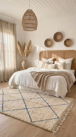 Cozy bedroom with a bed, decorative pillows, and a patterned rug.