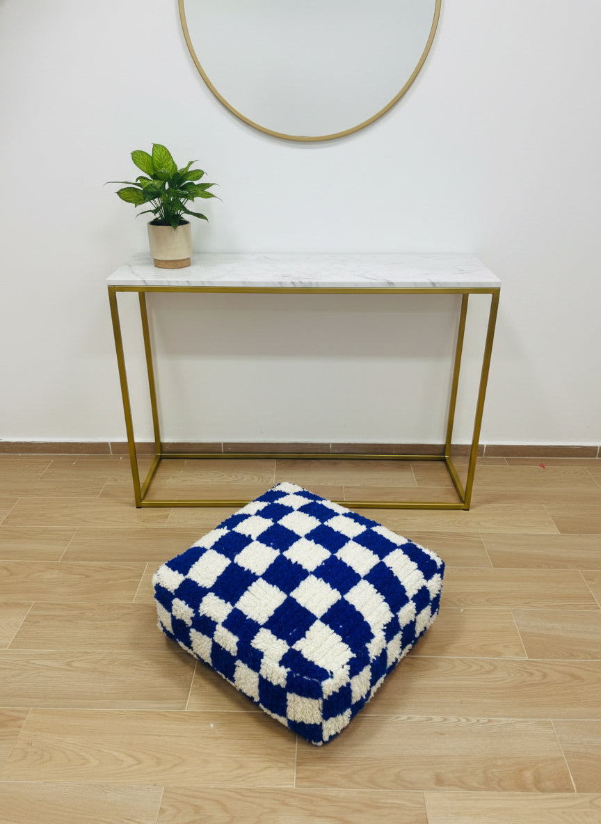 Berber Aren Pouffe – Blue & White Checker Moroccan Floor Cushion