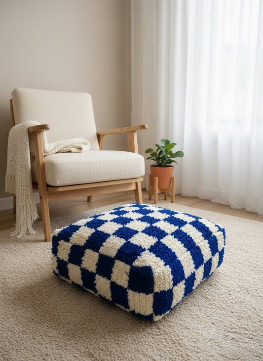 Handmade Checker Berber Pouf – Blue and Cream Moroccan Seating