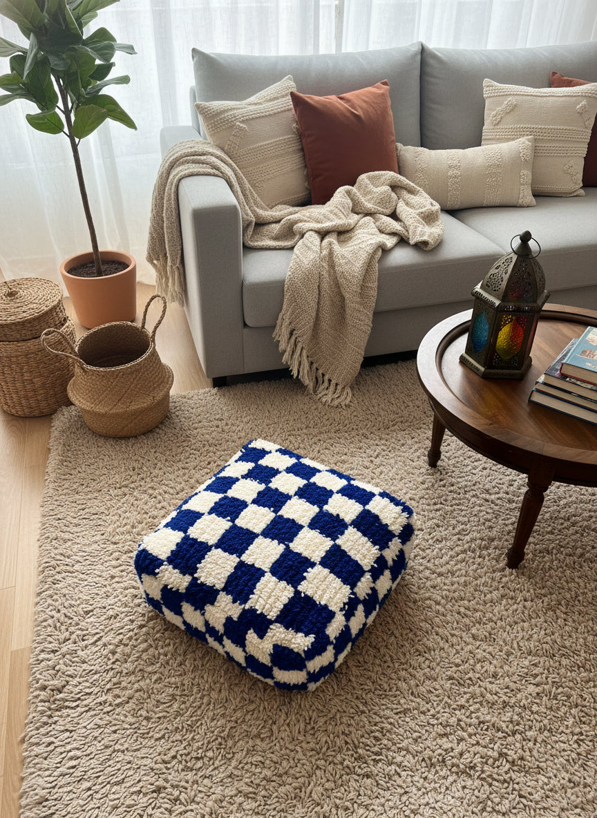 Moroccan Aren Pouffe – Wool Floor Cushion in Blue & Ivory Check Pattern