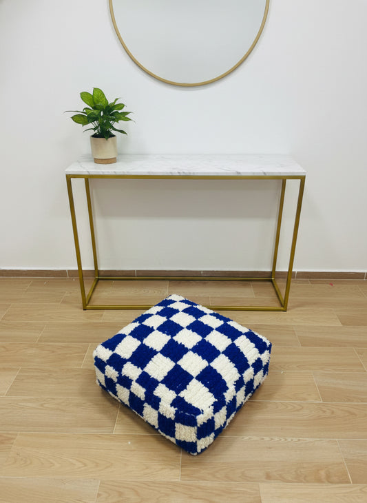 Berber Aren Pouffe – Blue & White Checker Moroccan Floor Cushion