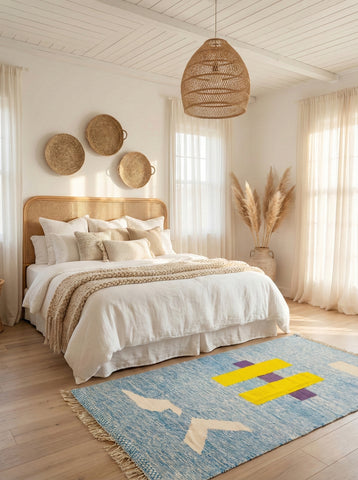 Handwoven blue Tafida Berber rug styled in a cozy neutral bedroom.