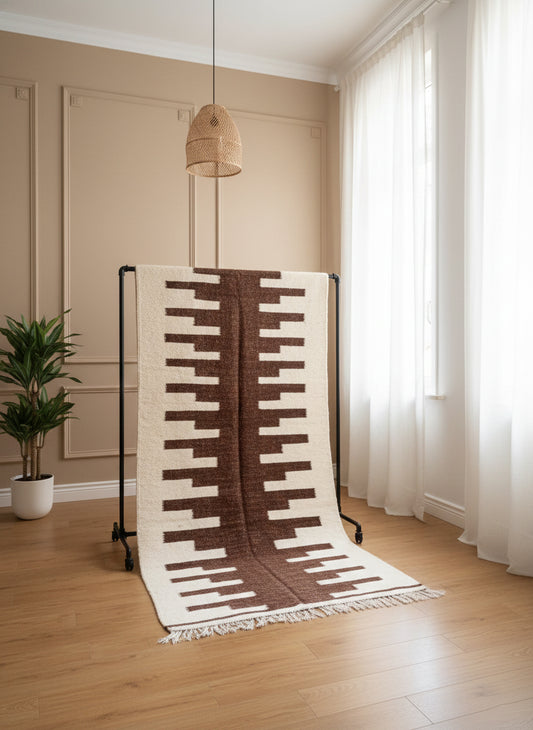  Berber Nara rug in a beige room with brown geometric pattern

