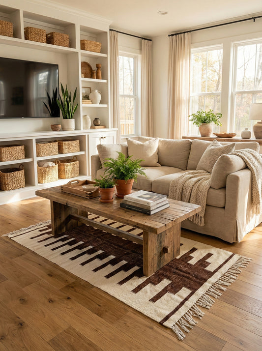 Berber Nara rug under wooden coffee table in living room

