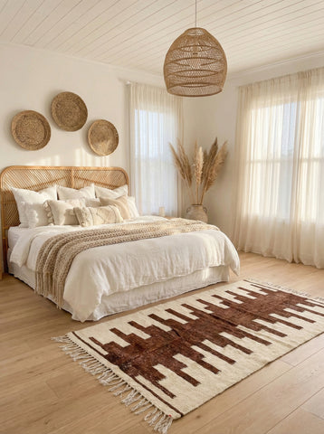 Brown and cream Berber Nara rug in neutral bedroom
