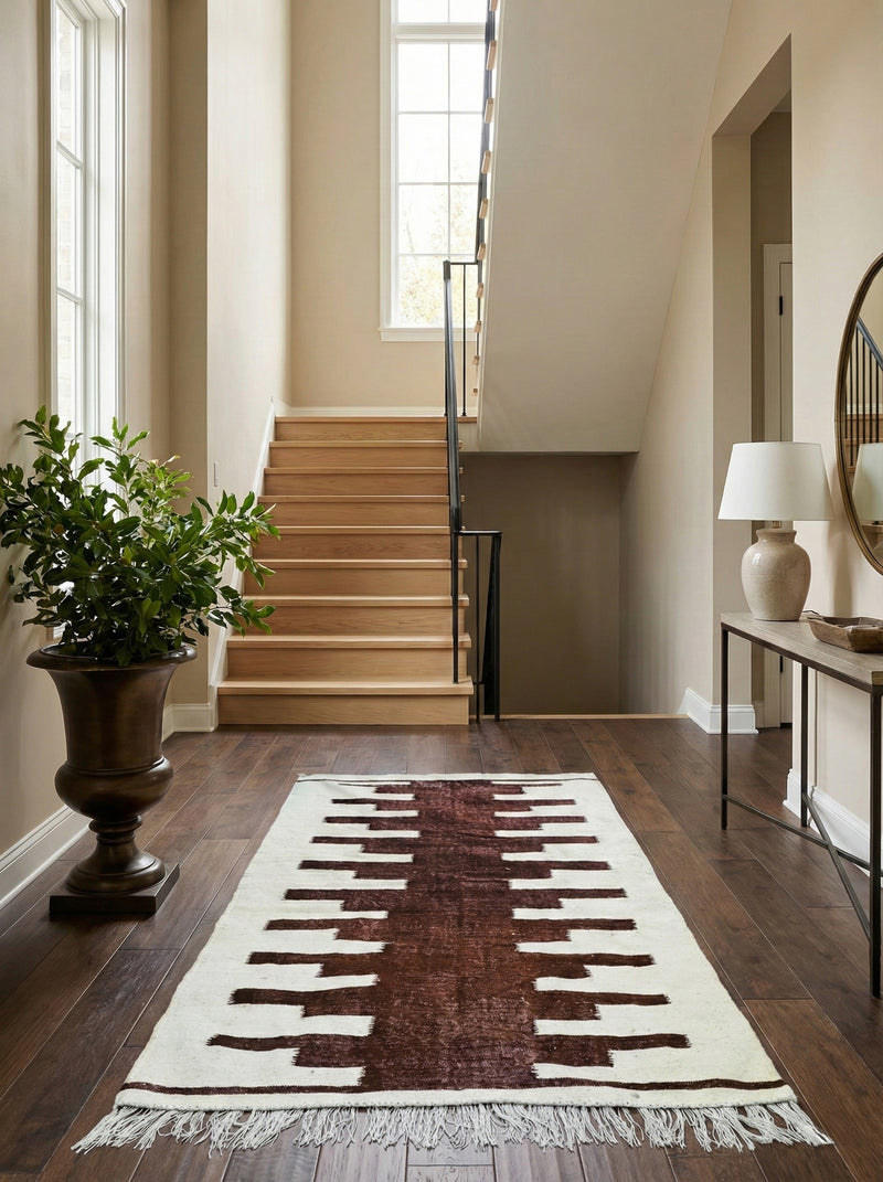 Moroccan Nara rug in modern entryway near staircase
