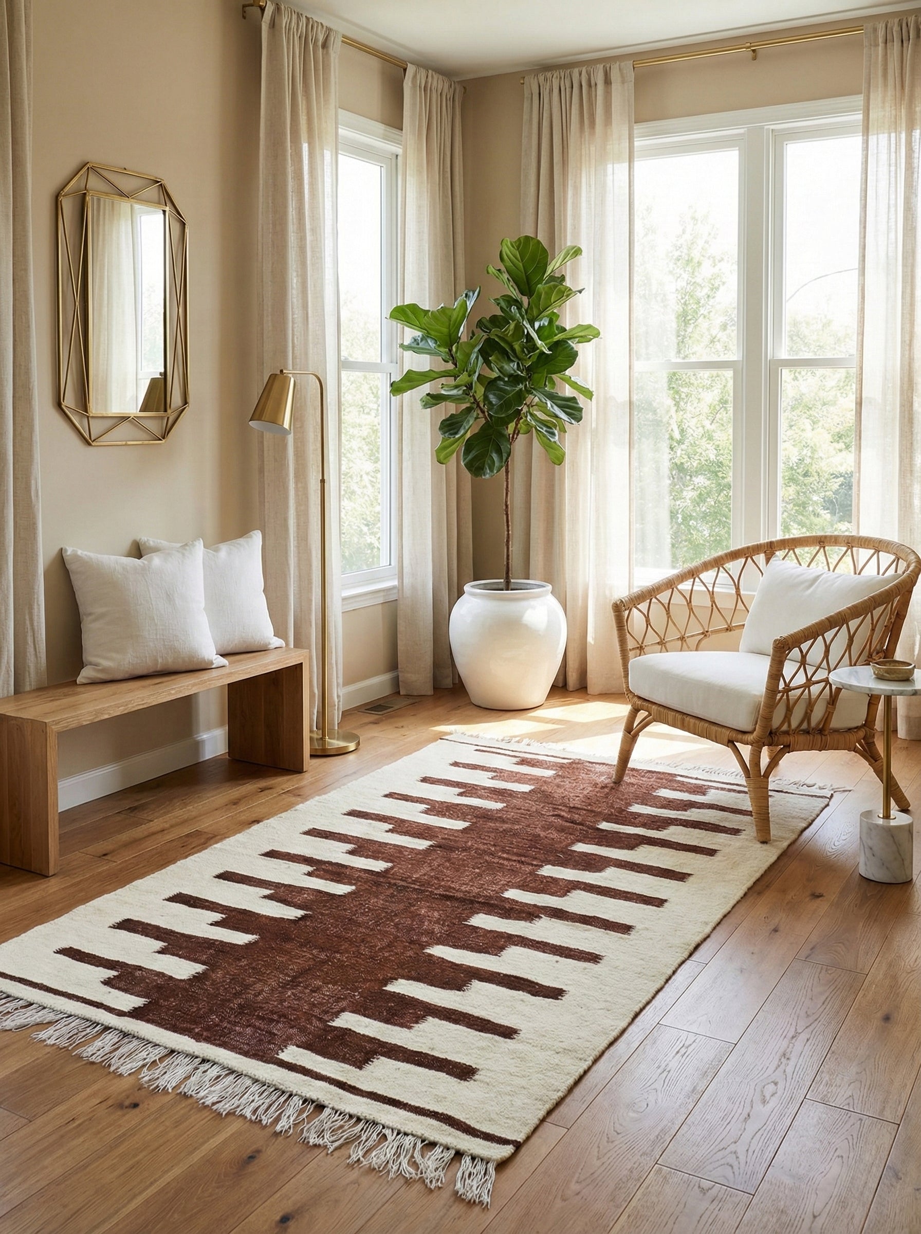 Berber Nara rug in bright sitting room with rattan chair