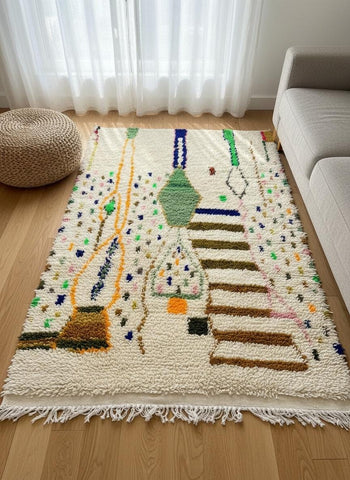 Close view of Moroccan Berber rug with colorful shapes