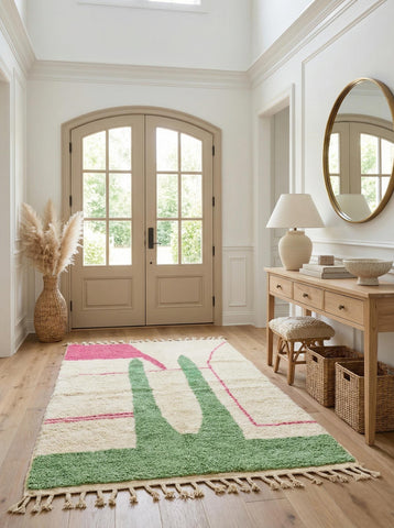 Moroccan wool cactus rug with cream background placed in a bright entryway interior