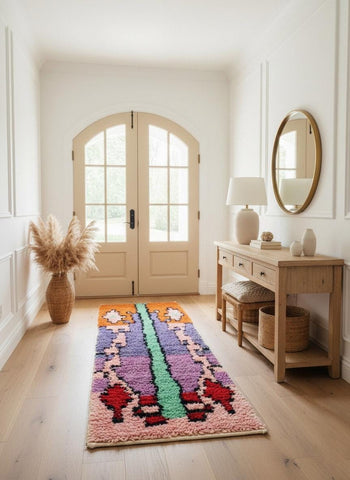 Colorful Moroccan wool runner displayed upright