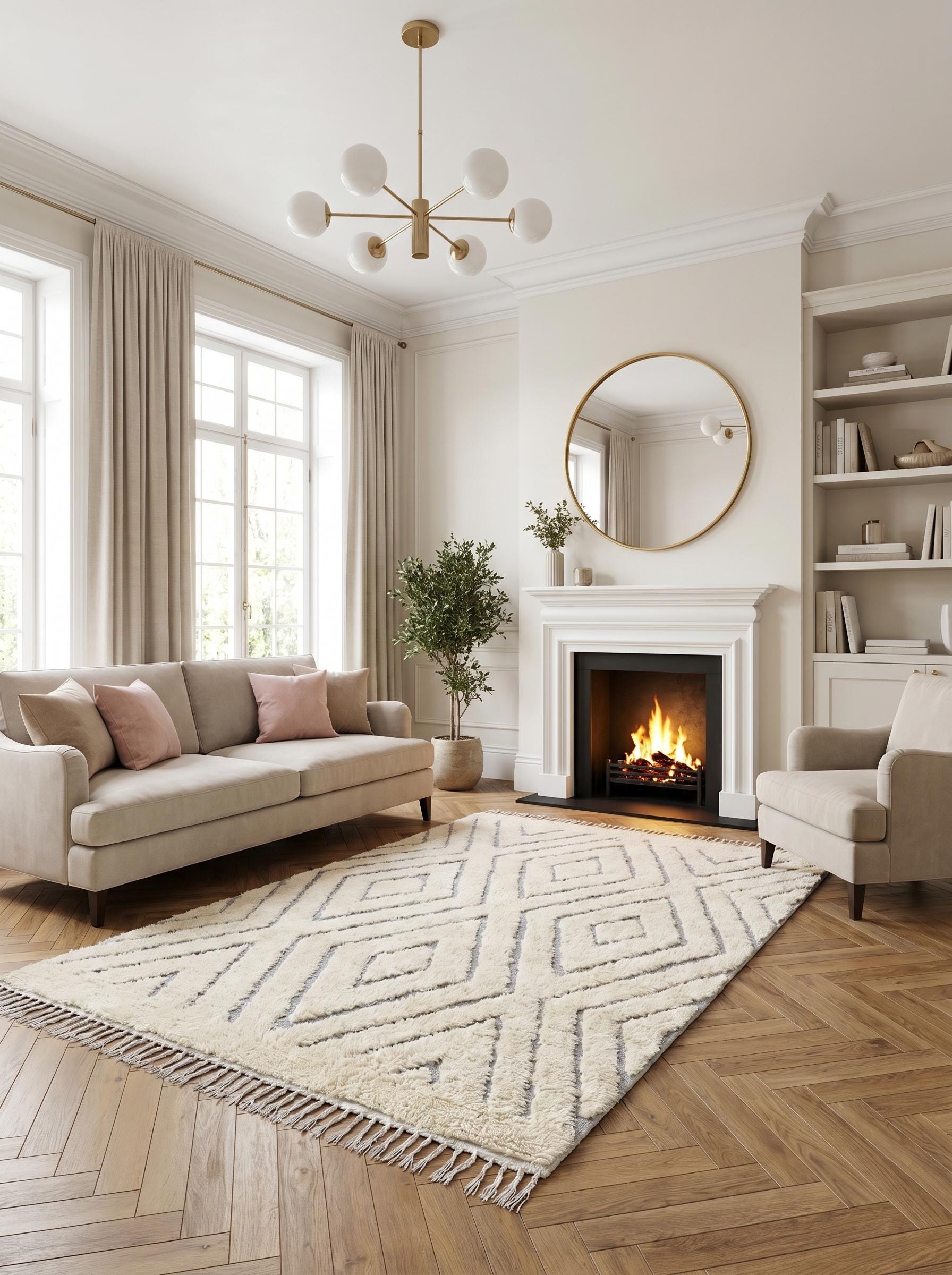 Neutral Moroccan rug with geometric pattern styled in a cozy living room with fireplace, beige seating, and brass accents.