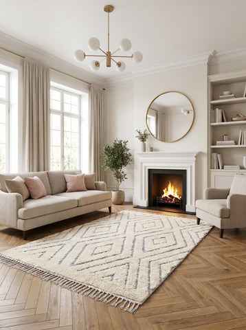 Neutral Moroccan rug with geometric pattern styled in a cozy living room with fireplace, beige seating, and brass accents.