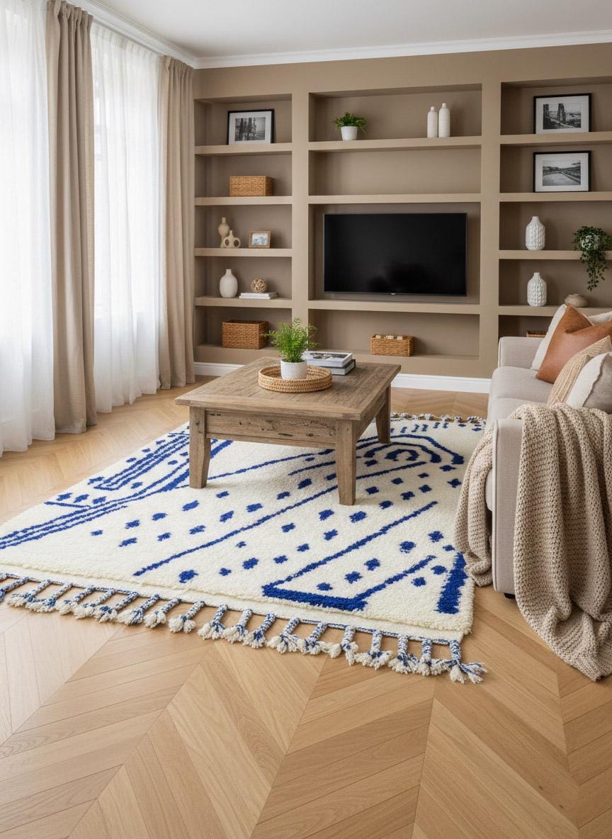 Blue and white Berber rug in neutral living room
