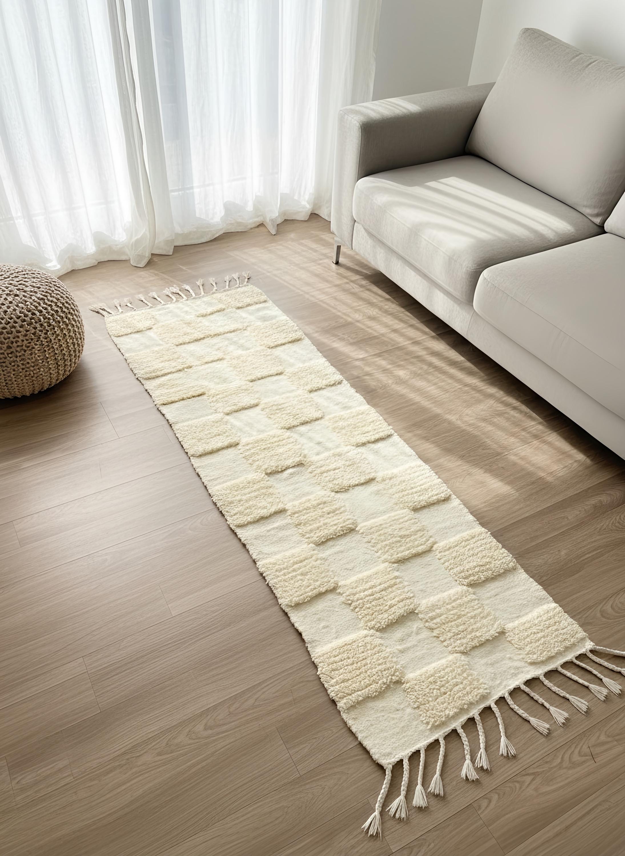 Cream Berber runner rug with raised geometric texture placed beside a beige sofa in a sunlit living room.