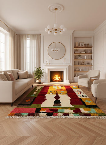 Multicolor Moroccan Berber rug with abstract pattern placed in a cozy living room with fireplace and neutral seating.
