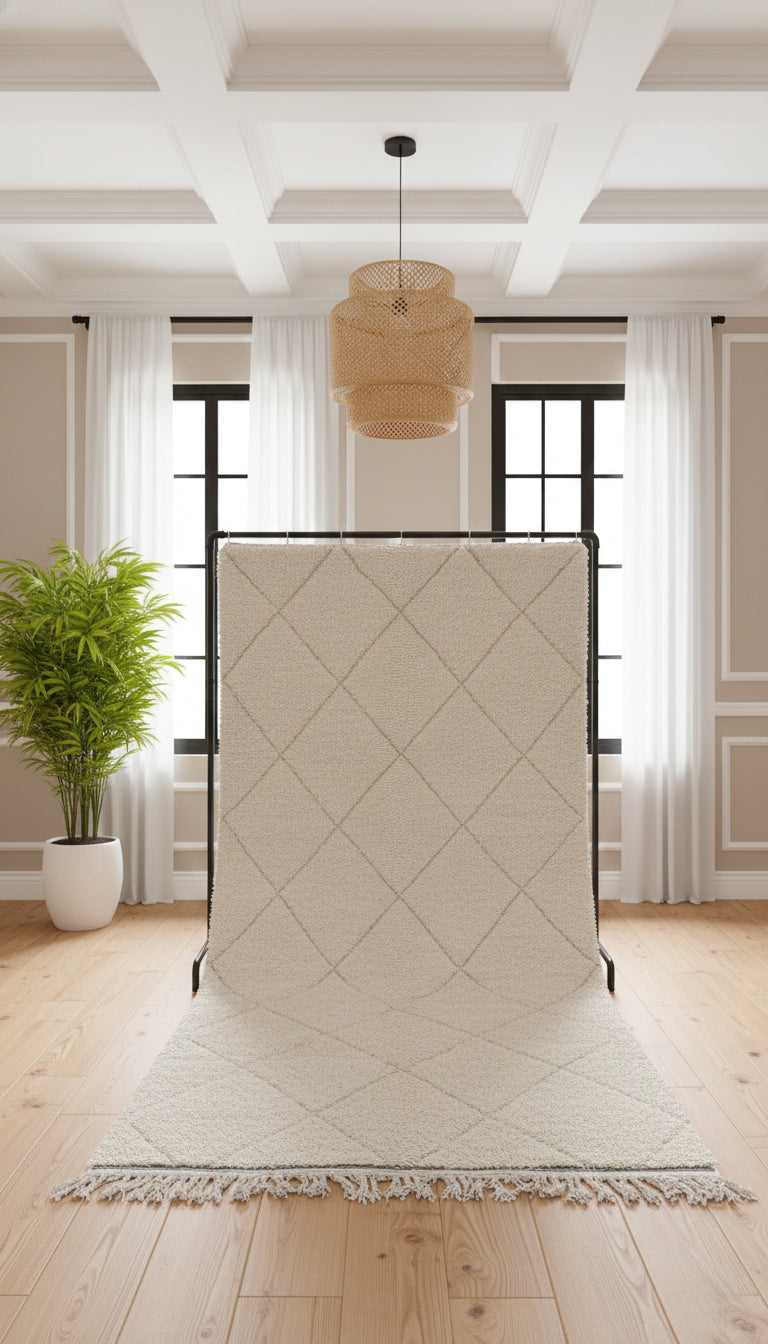 Handmade Azir Berber rug displayed on a stand showing its pattern.
