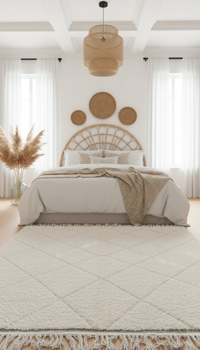 Cream Azir Berber rug in a bright bedroom with tassels.