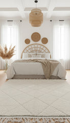 Cream Azir Berber rug in a bright bedroom with tassels.