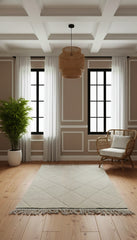 Azir cream Moroccan rug in a neutral room with natural décor.