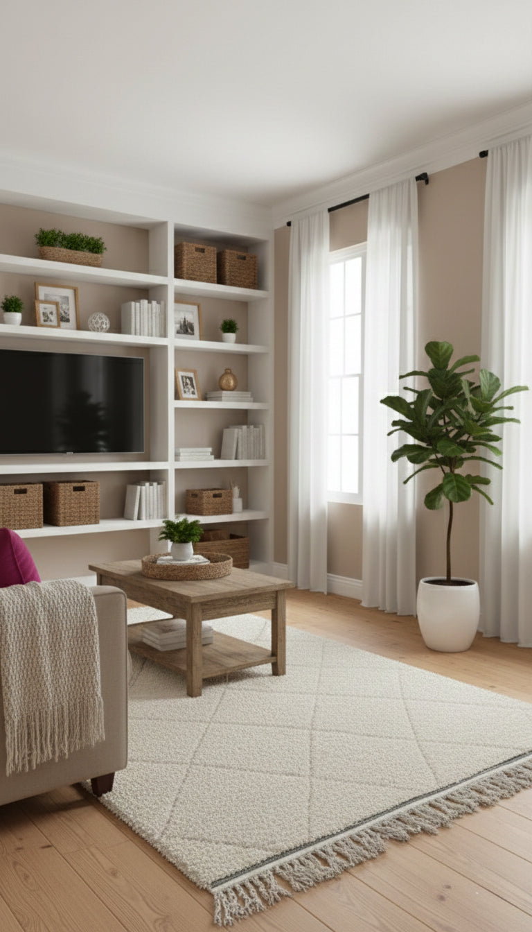 Cream Berber Azir rug styled in a cozy living room.