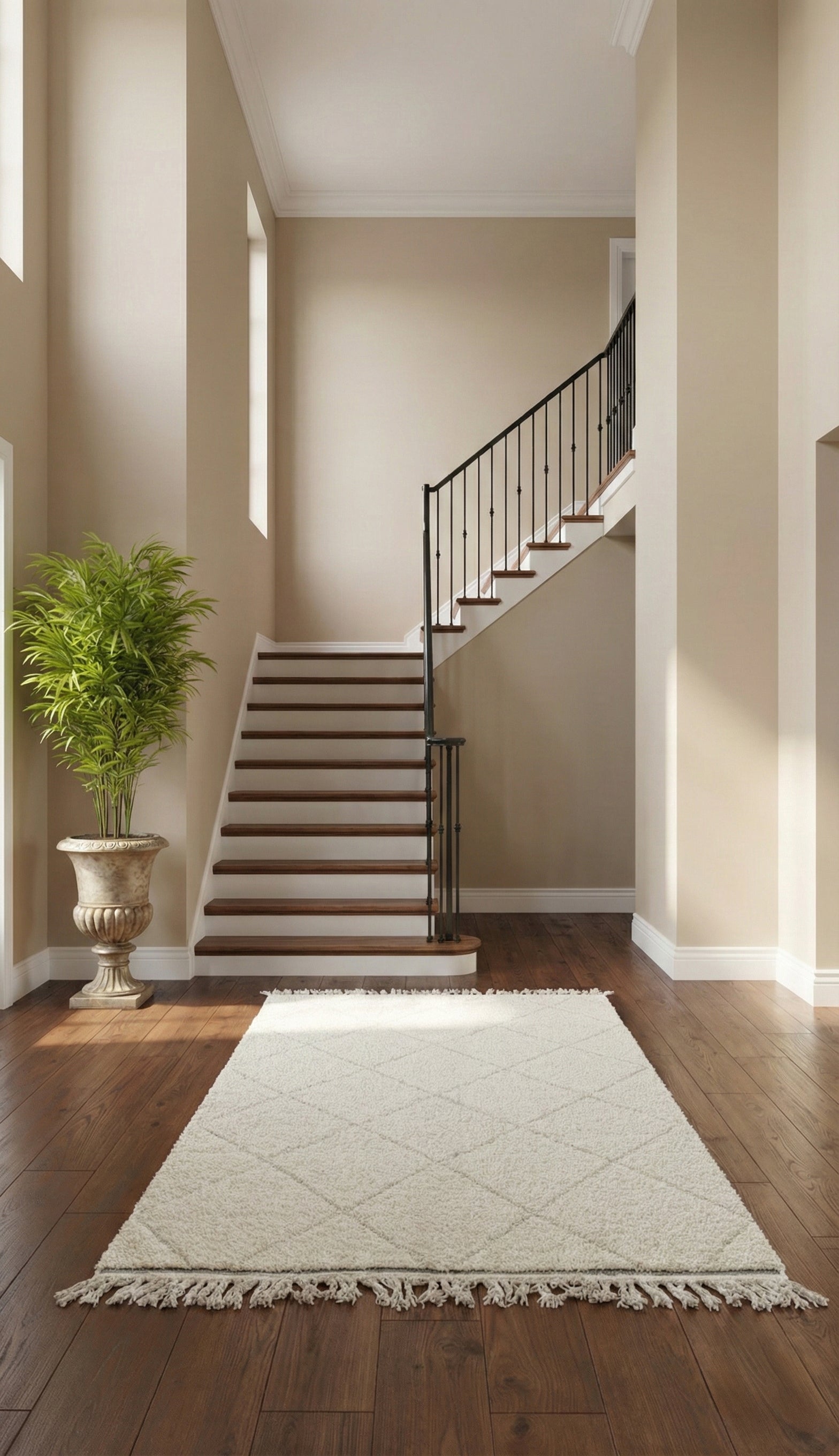 Azir rug in a hallway with wooden floors and soft natural light.