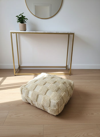Square Moroccan Berber Azar pouf in natural beige wool