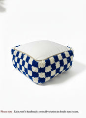 Berber Wool Pouf – Blue White Checker Living Room Cushion