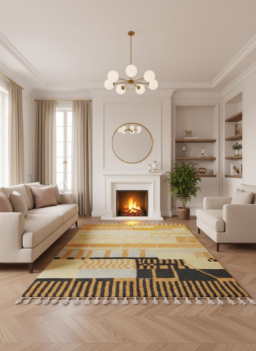 Handmade Moroccan yellow rug styled in modern living room with fireplace.