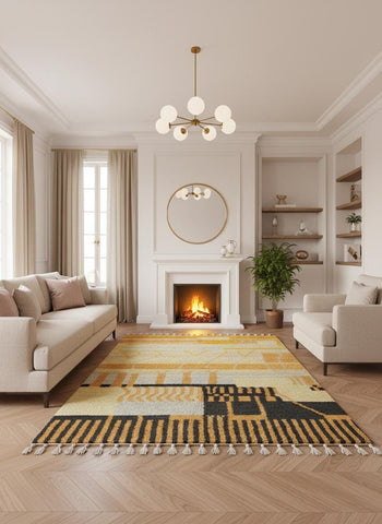 Handmade Moroccan yellow rug styled in modern living room with fireplace.