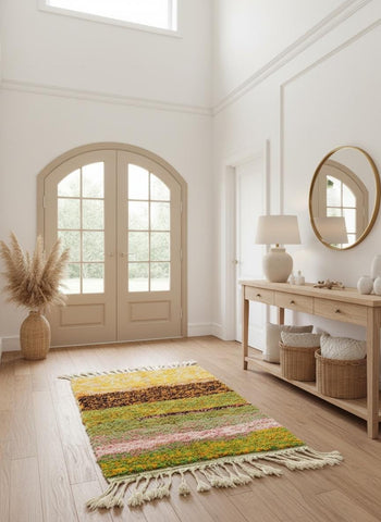 Striped Moroccan wool rug with tassels in entryway.