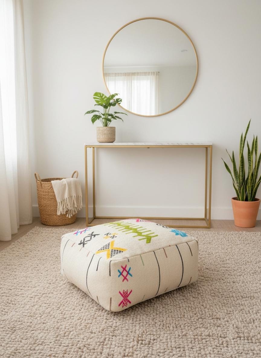 Handmade ivory Moroccan pouf with colorful geometric embroidery in a warm boho living room.