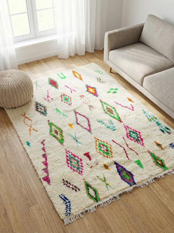 Soft wool Berber rug with vibrant colors in modern interior