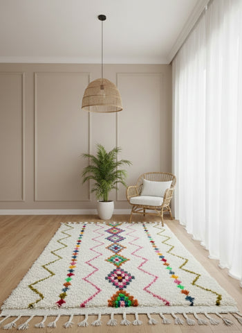 Ismene Moroccan rug with vibrant motifs in a minimalist space