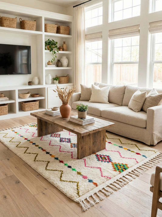 Ismene Berber rug with multicolor motifs styled in a bright living room