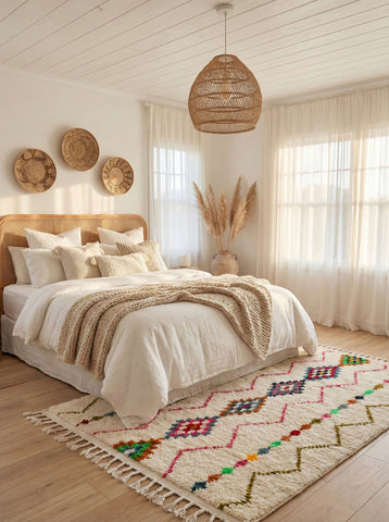 Cream rug with colorful tribal designs placed in a cozy bedroom