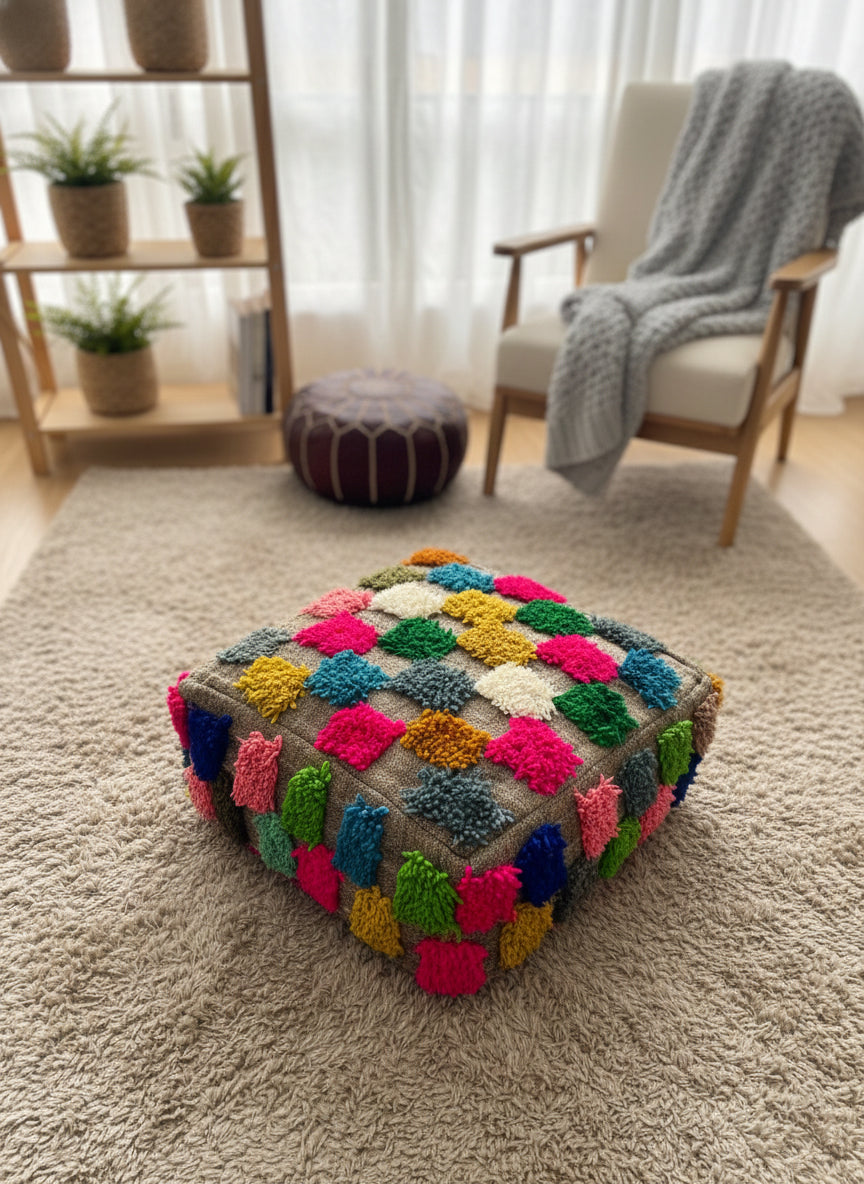 Handmade Berber Ider pouffe with multicolor wool tufts in a cozy living space.