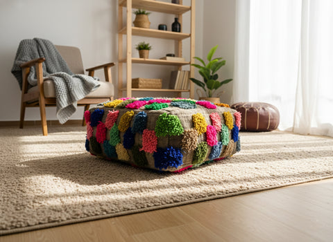 Square Moroccan Ider pouffe with vibrant wool patches on a soft rug.